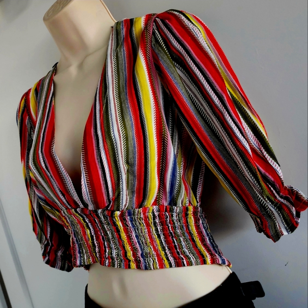 Colorful Striped Multi Color V-neck Mid Drift Blouse with Open Back | Size L